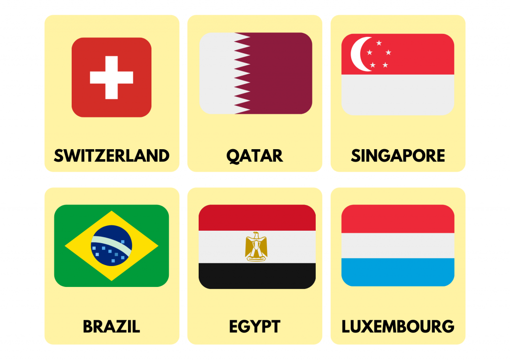 Countries of the world: Switzerland, Qatar, Singapore, Brazil, Egypt, And Luxembourg