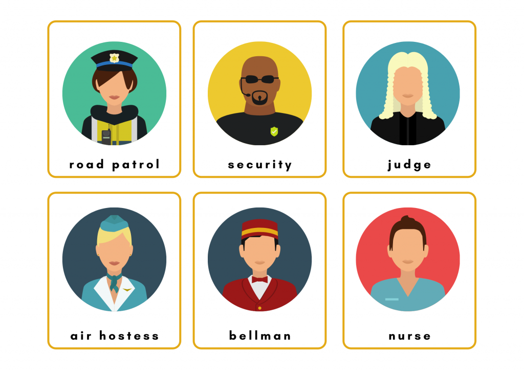 Jobs (6): road patrols, security officers, judges, air hostesses, bellmen, and nurses. 
