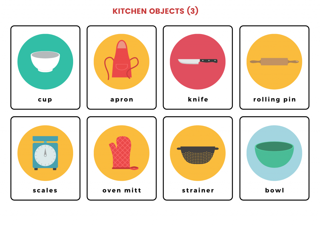 Kitchen Gadgets (3): cups, aprons, knives, rolling pins, scales, oven mitts, strainers, and bowls. 