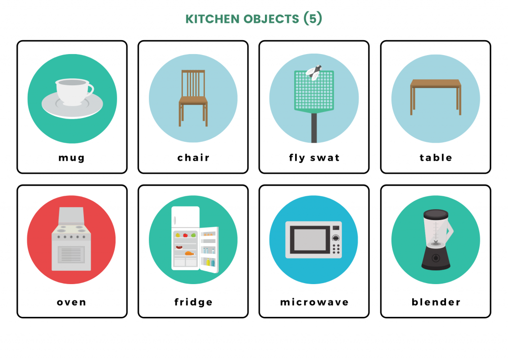 Kitchen Gadgets(5): mug, chair, fly swat, table, oven, fridge, microwave, and blender.