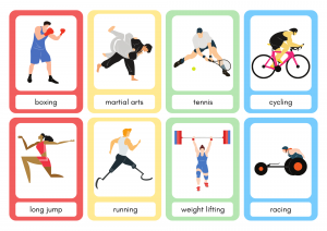 Sports (2): boxing, martial arts, tennis, cycling, long jump, running, weight lifting, and racing. 