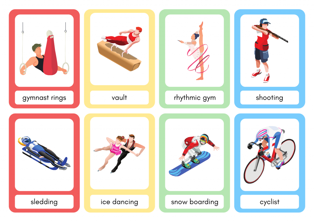 Sports (5): gymnastics, shooting, sledding, ice dancing, and snowboarding. 