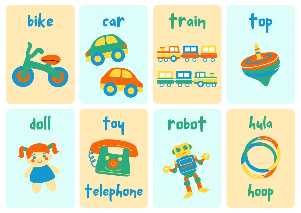 Kids' Toys (1): bike, car, train, top, doll, telephone, robot, and hula hoop