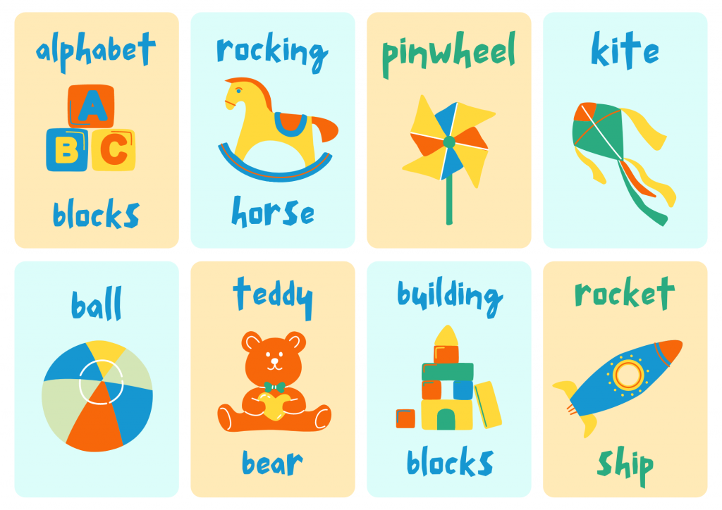 Kids Toys (2): alphabet blocks, rocking horses, pinwheels,  kites, balls, teddy bears, building blocks, and rocket ships