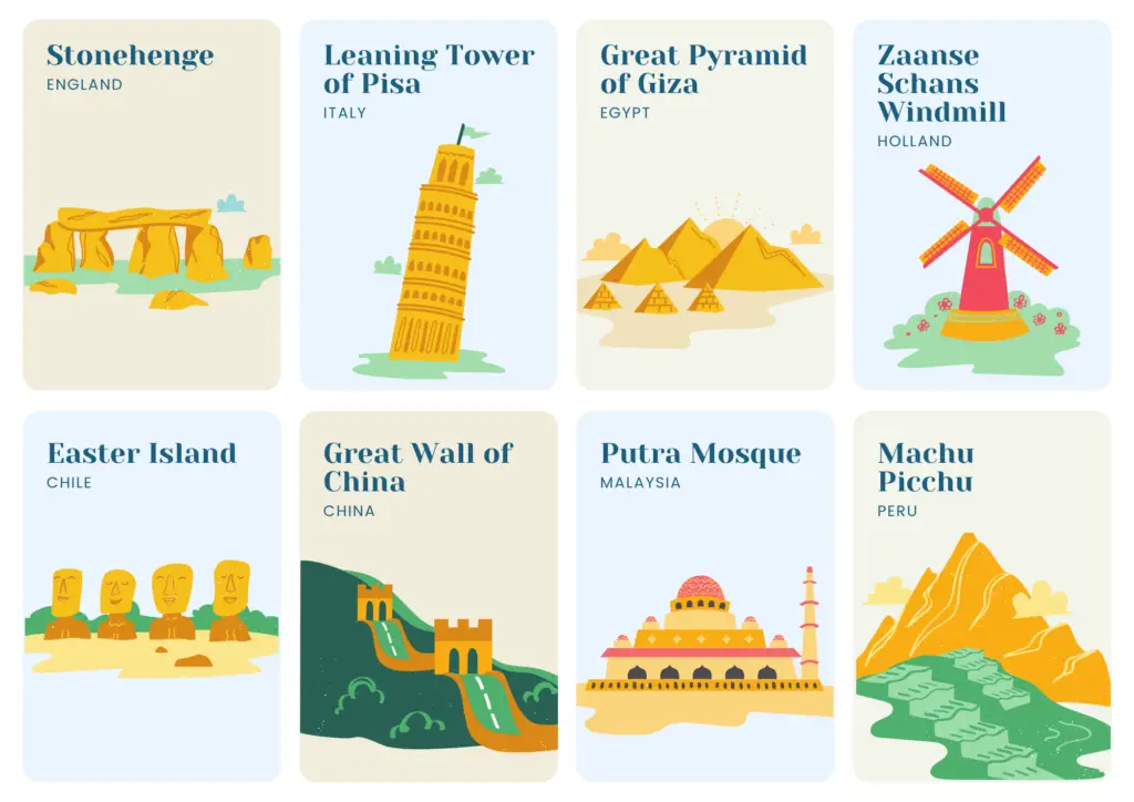 Exploring The World Architectural Marvels (2): Stonehenge, the Learning Tower Of Pisa, the Great Pyramid Of Giza, Zaanse Schans Windmill, Easter Island, the Great Wall Of China, Putra Mosque, and Machu Picchu.