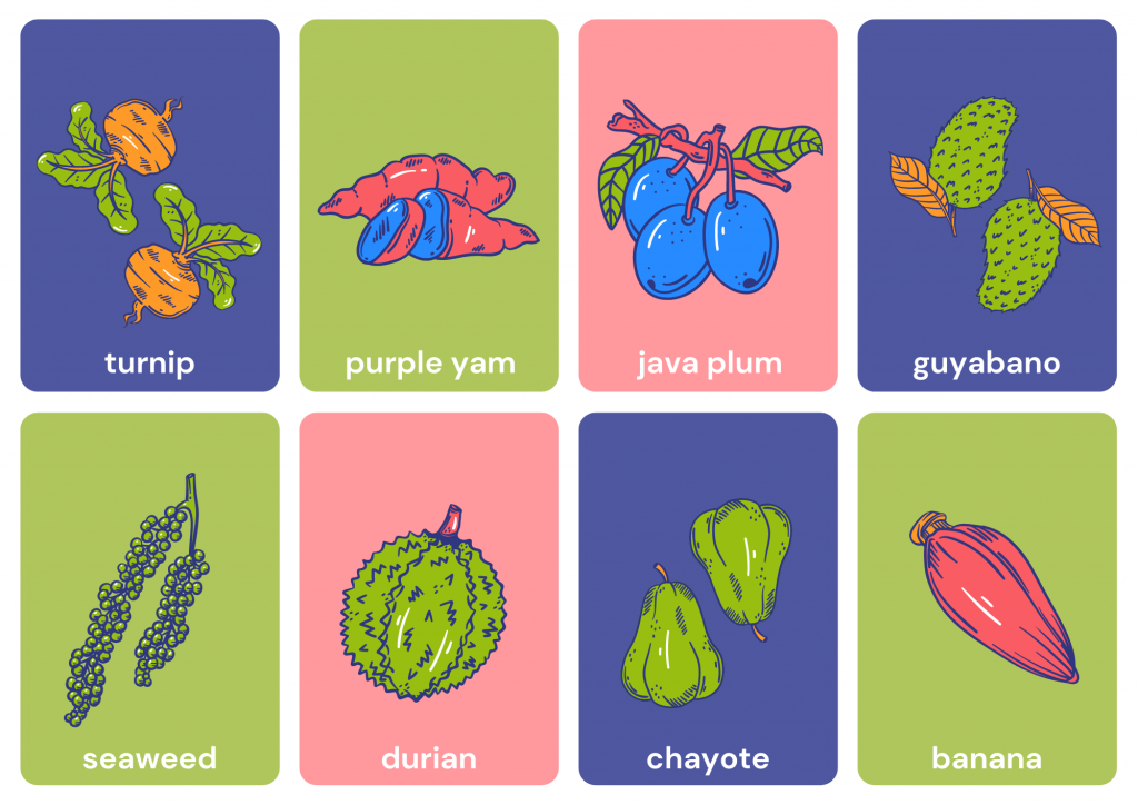 Fruits (7): turnips, purple yams, java plums, guyabanos, seaweeds, durians, chayotes, and bananas